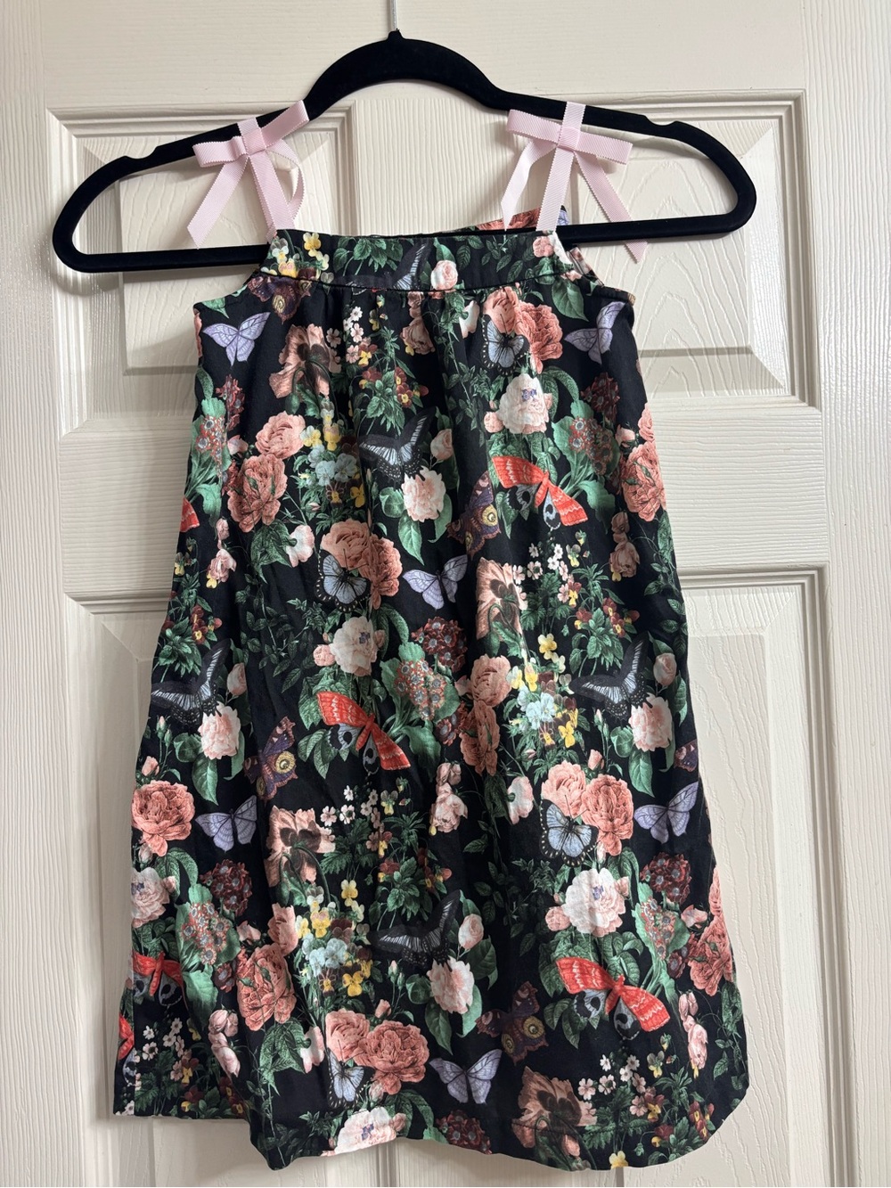 Hanna Andersson Black Floral & Butterfly Dress Pink Ribbon Straps